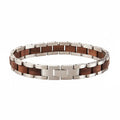 Wood and stainless steel chain bracelet with geometric links and hidden safety clasp
