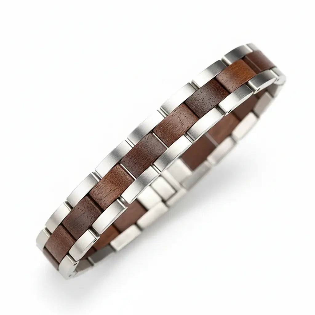 Wood and stainless steel chain bracelet with geometric links and hidden safety clasp — view 3