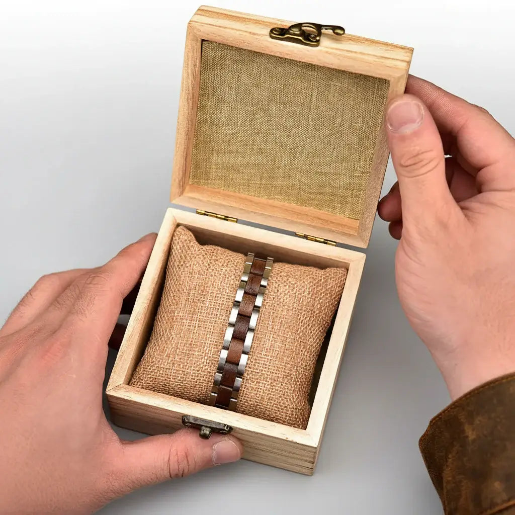 Wood and stainless steel chain bracelet with geometric links and hidden safety clasp — view 5