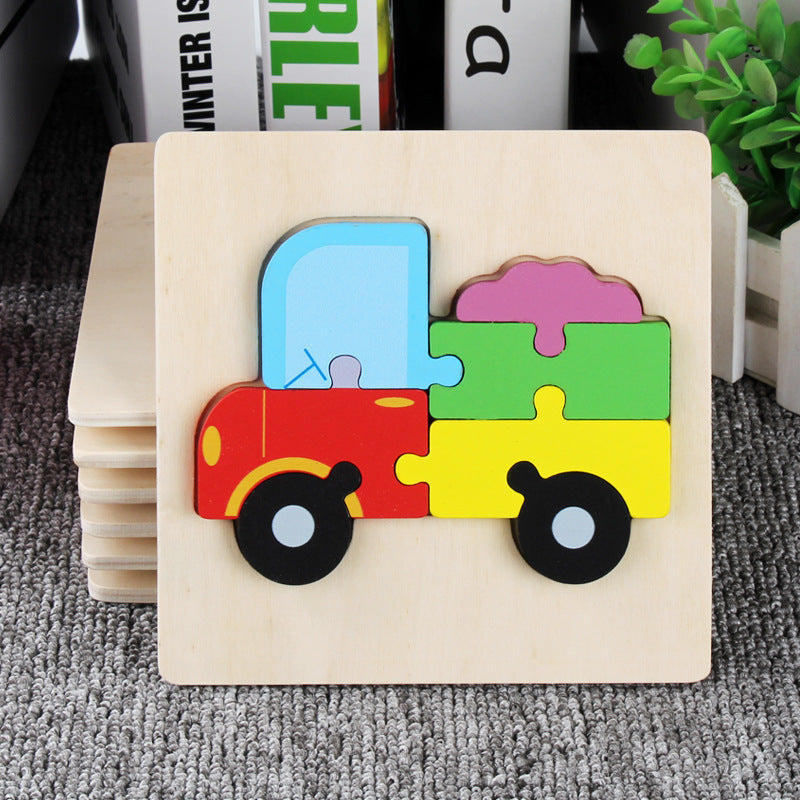 Wooden 3D panel educational toy for kids featuring colorful animal and vehicle puzzle pieces — view 3