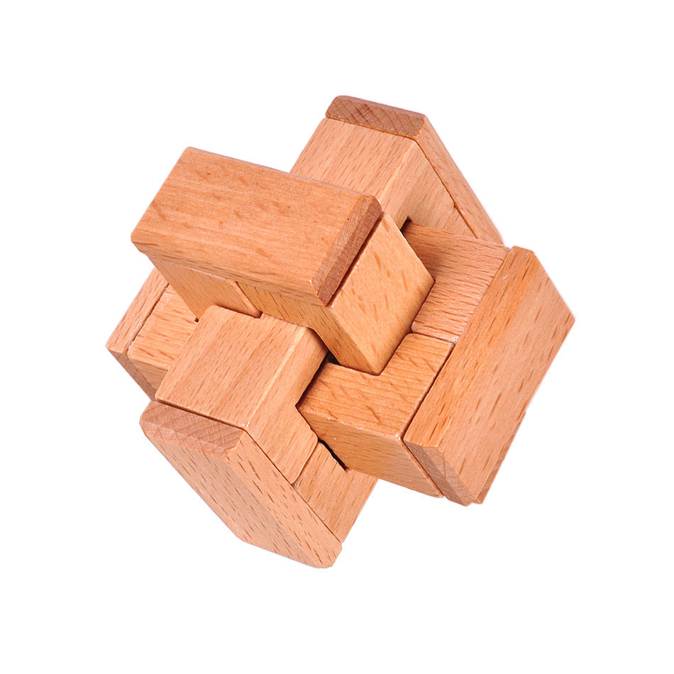 Wooden brain teaser puzzle, interlocking Kong Ming lock blocks with a smooth natural finish for seniors
