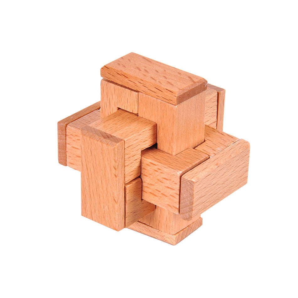 Wooden brain teaser puzzle, interlocking Kong Ming lock blocks with a smooth natural finish for seniors — view 2