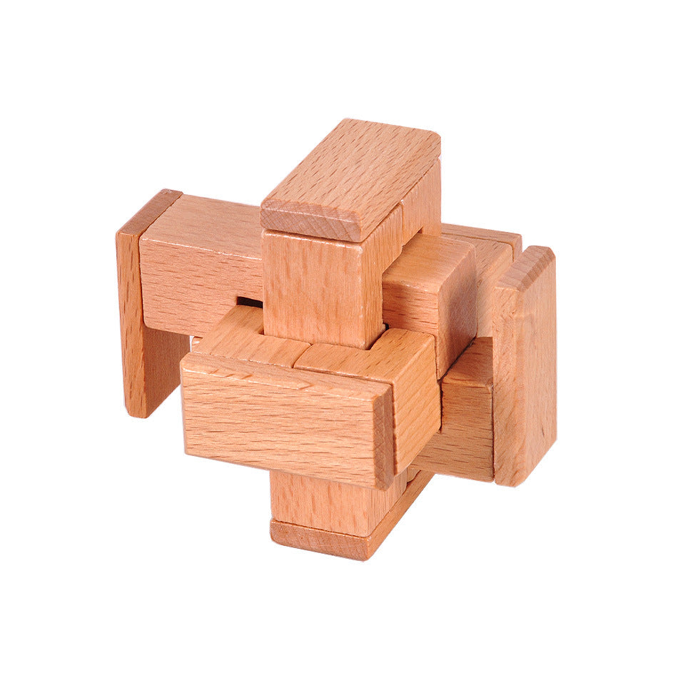 Wooden brain teaser puzzle, interlocking Kong Ming lock blocks with a smooth natural finish for seniors — view 4