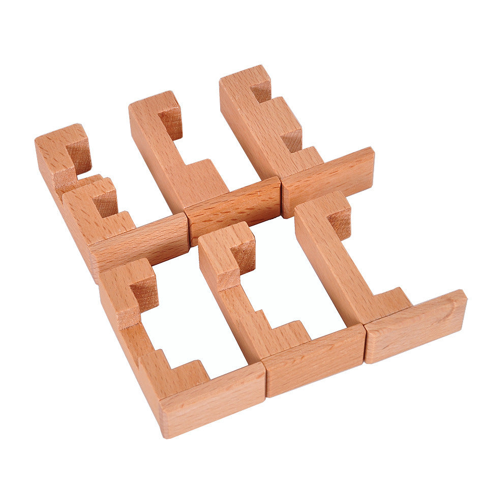 Wooden brain teaser puzzle, interlocking Kong Ming lock blocks with a smooth natural finish for seniors — view 5