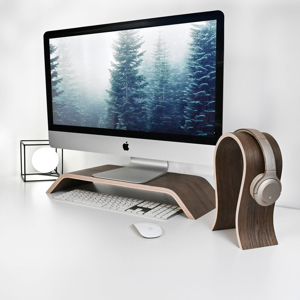 Wooden computer monitor stand riser in a minimalist Scandinavian design for neat office desk organization. — view 2