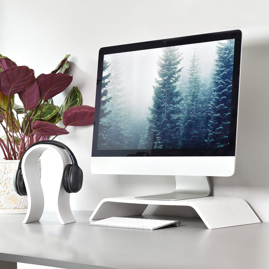 Wooden computer monitor stand riser in a minimalist Scandinavian design for neat office desk organization. — view 5