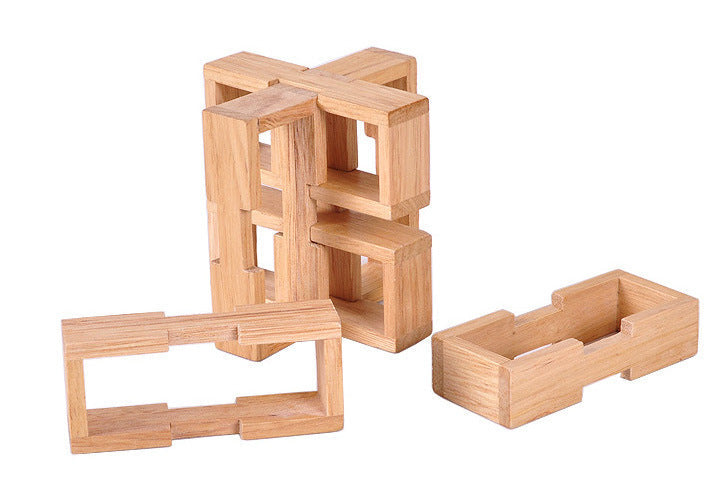Wooden Kongming Luban 3D brain teaser puzzle block toy with interlocking wooden pieces — view 2