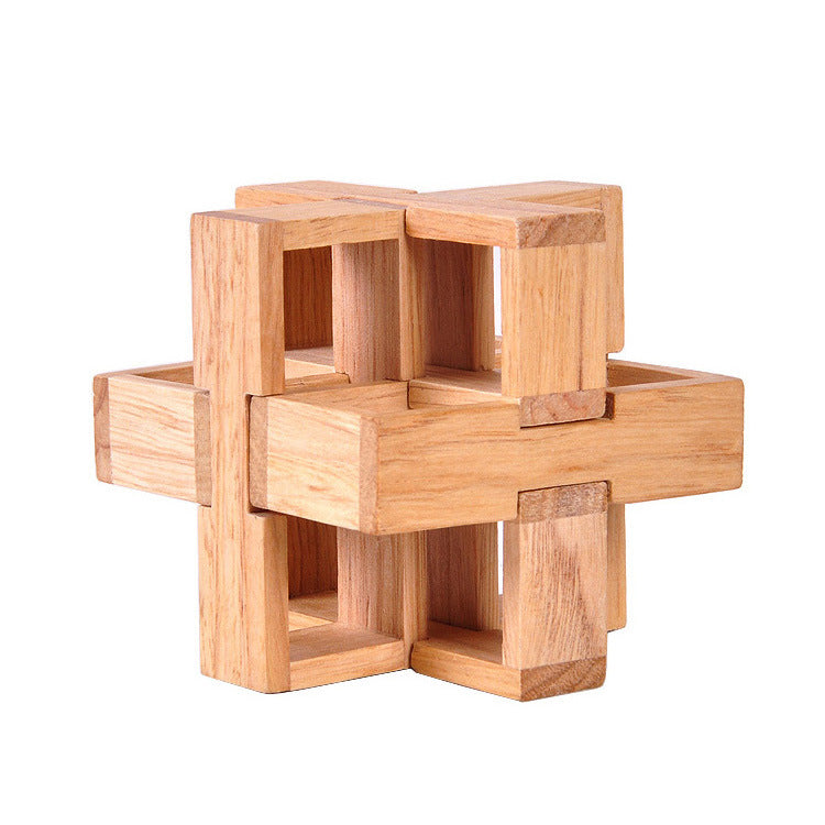 Wooden Kongming Luban 3D brain teaser puzzle block toy with interlocking wooden pieces — view 3