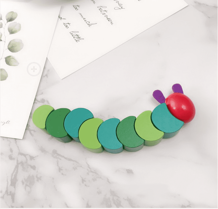 Bright green wooden hungry caterpillar educational toy with movable segments for toddler fine motor skills — view 2