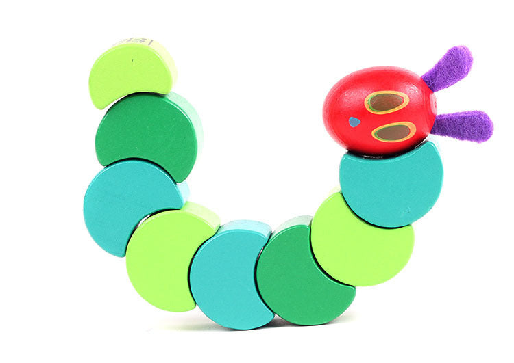 Bright green wooden hungry caterpillar educational toy with movable segments for toddler fine motor skills — view 3