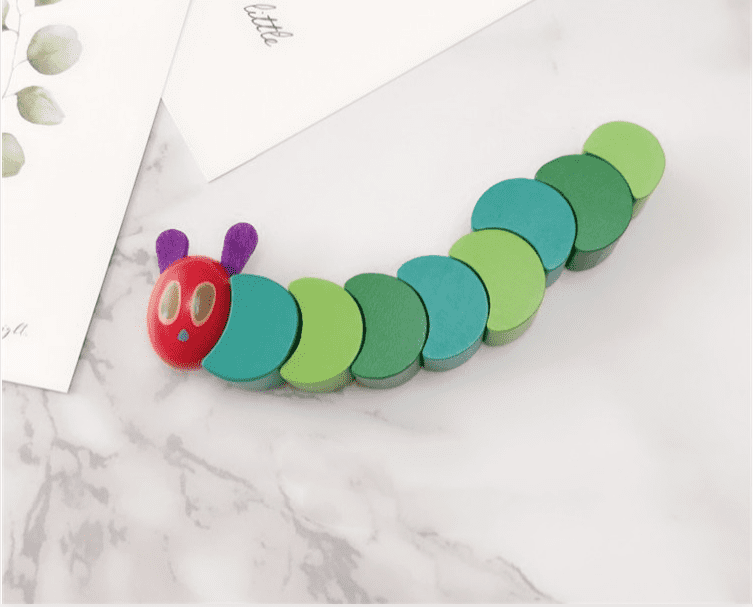 Bright green wooden hungry caterpillar educational toy with movable segments for toddler fine motor skills — view 4