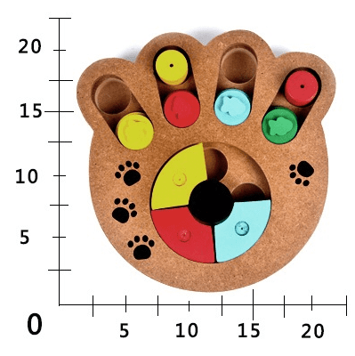 Wooden puzzle toy for dogs featuring treat hiding compartments in paw print and bone shapes — view 2