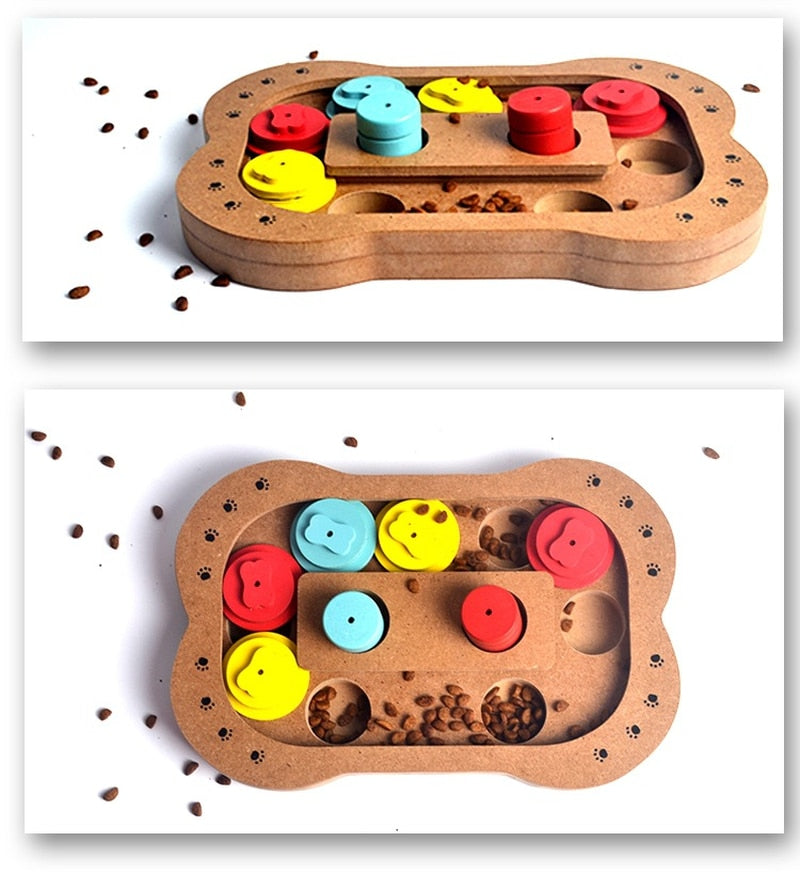 Wooden puzzle toy for dogs featuring treat hiding compartments in paw print and bone shapes — view 4