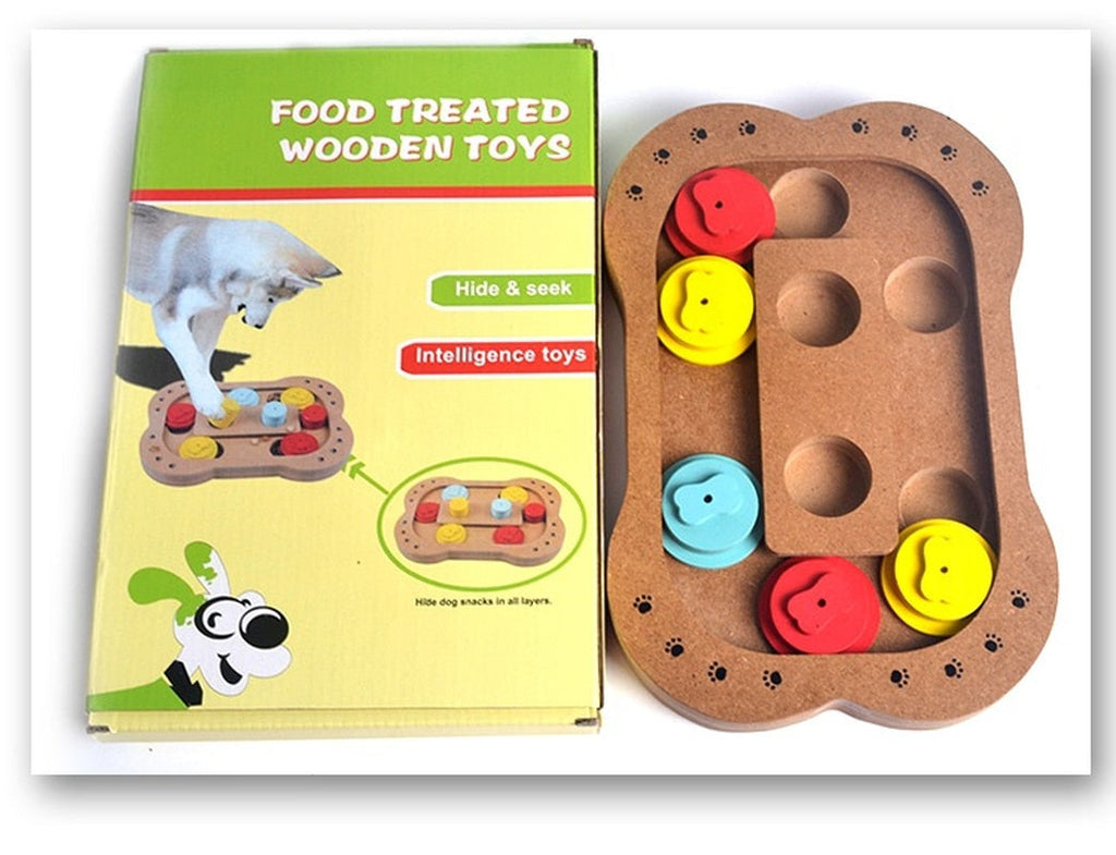Wooden puzzle toy for dogs featuring treat hiding compartments in paw print and bone shapes — view 5