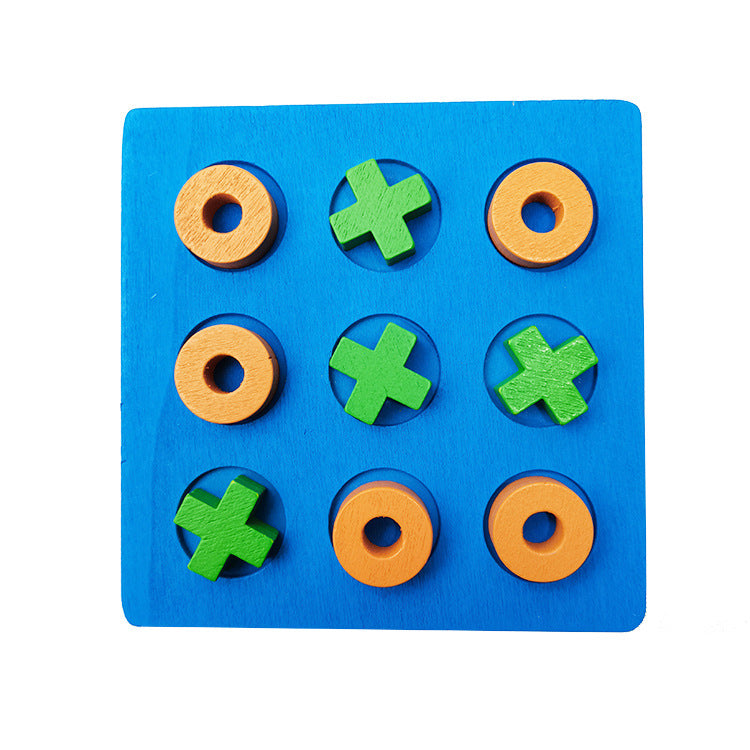 Wooden Tic Tac Toe game board with colorful X and O pieces for kids early learning