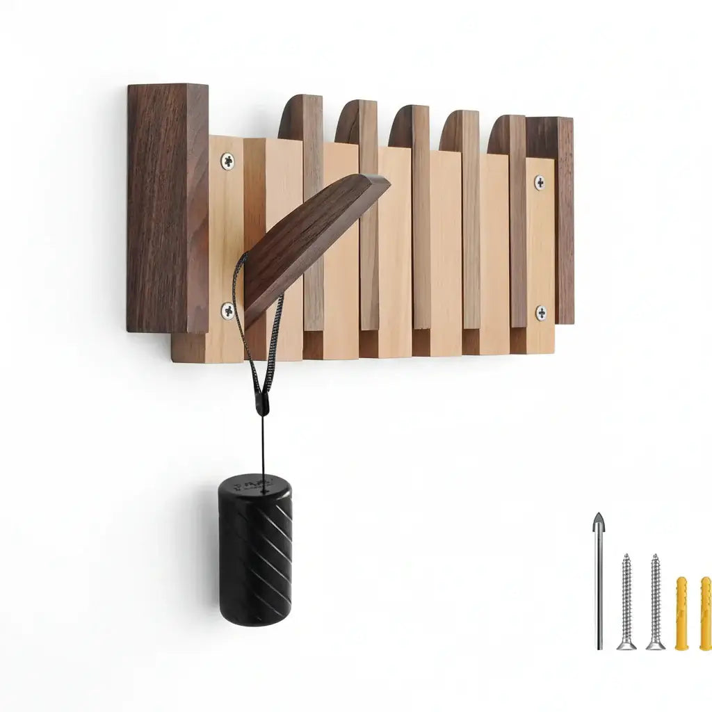 Wooden wall coat rack with six magnetic flip-down hooks mounted in a modern home entryway