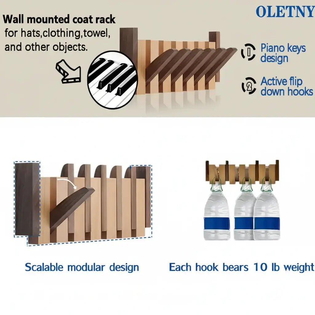 Wooden wall coat rack with six magnetic flip-down hooks mounted in a modern home entryway — view 3