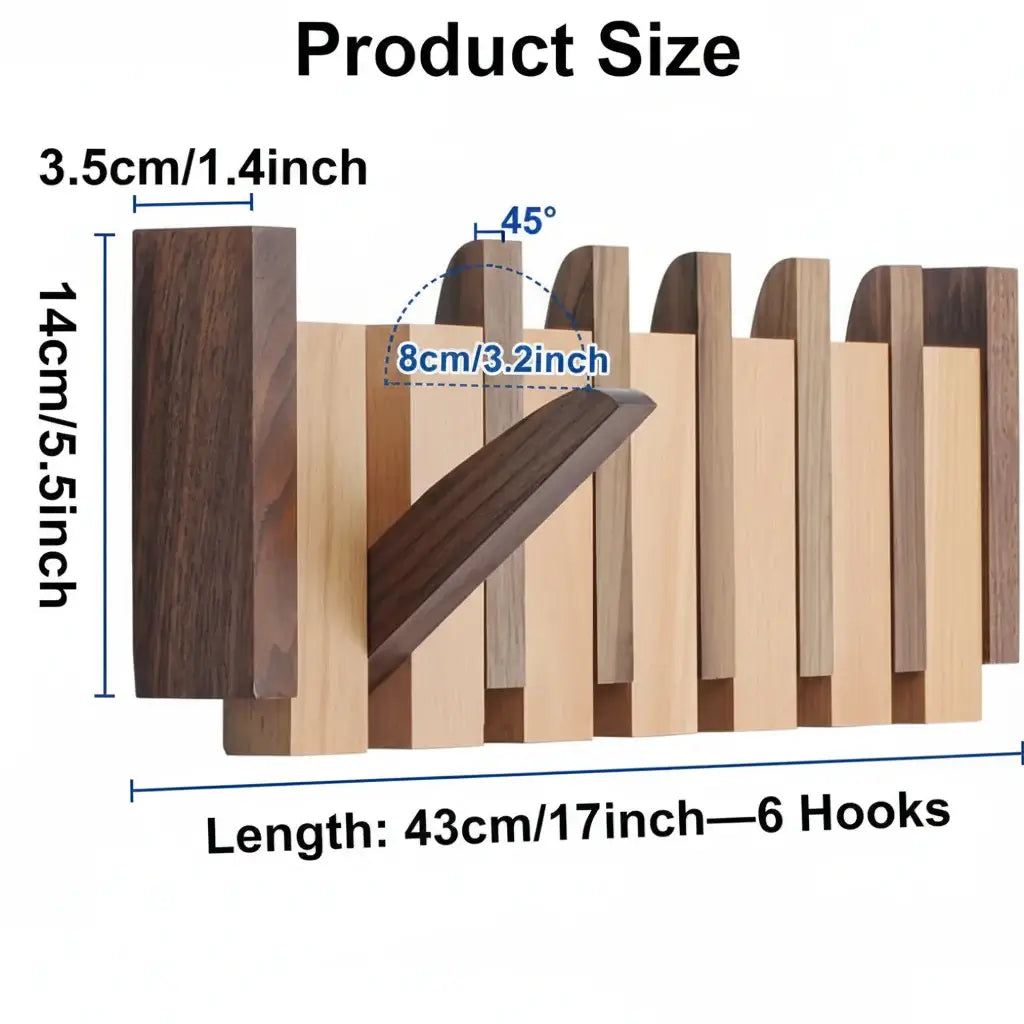 Wooden wall coat rack with six magnetic flip-down hooks mounted in a modern home entryway — view 4