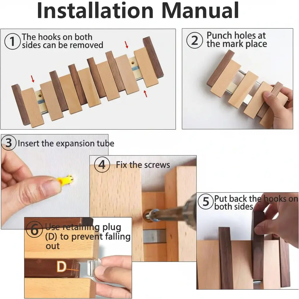 Wooden wall coat rack with six magnetic flip-down hooks mounted in a modern home entryway — view 5