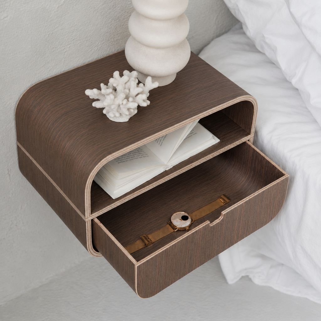 Floating Nightstand with Drawer, Minimalist Wall Mounted Oak Bedside Table-1