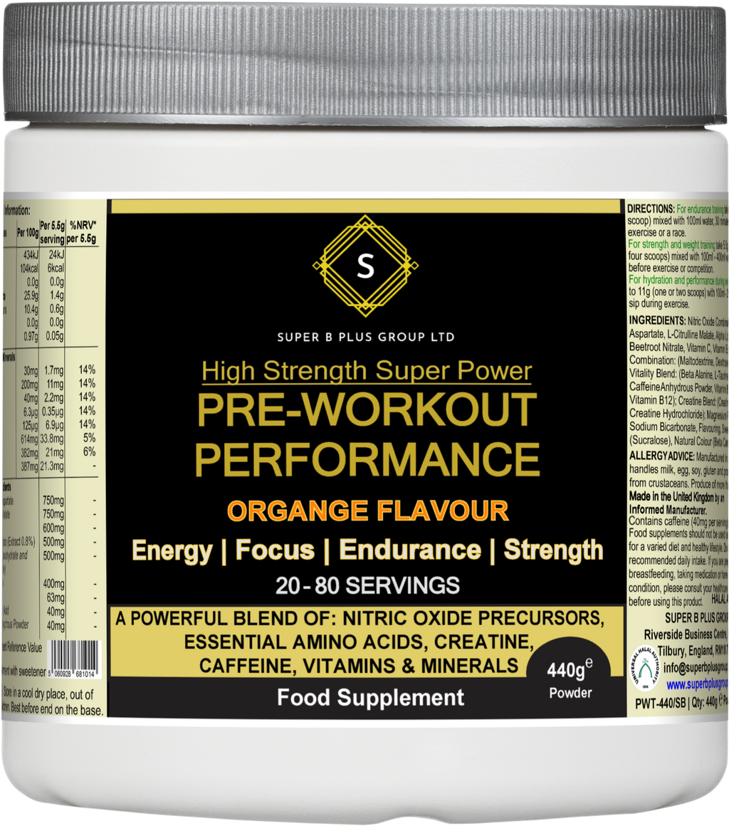 Pre-workout performance powder 440g tub in orange flavor for energy and endurance during exercise