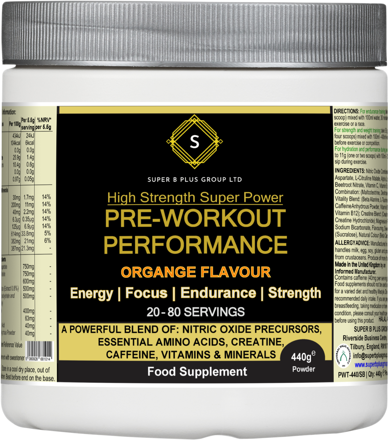 Pre-workout performance powder 440g tub in orange flavor for energy and endurance during exercise