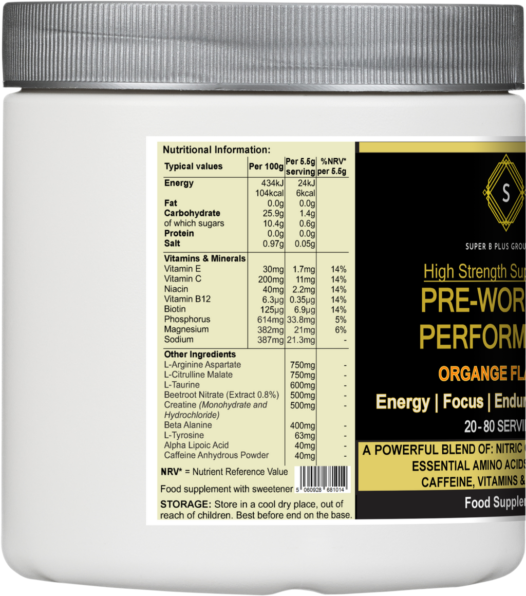 Pre-workout performance powder 440g tub in orange flavor for energy and endurance during exercise — view 2