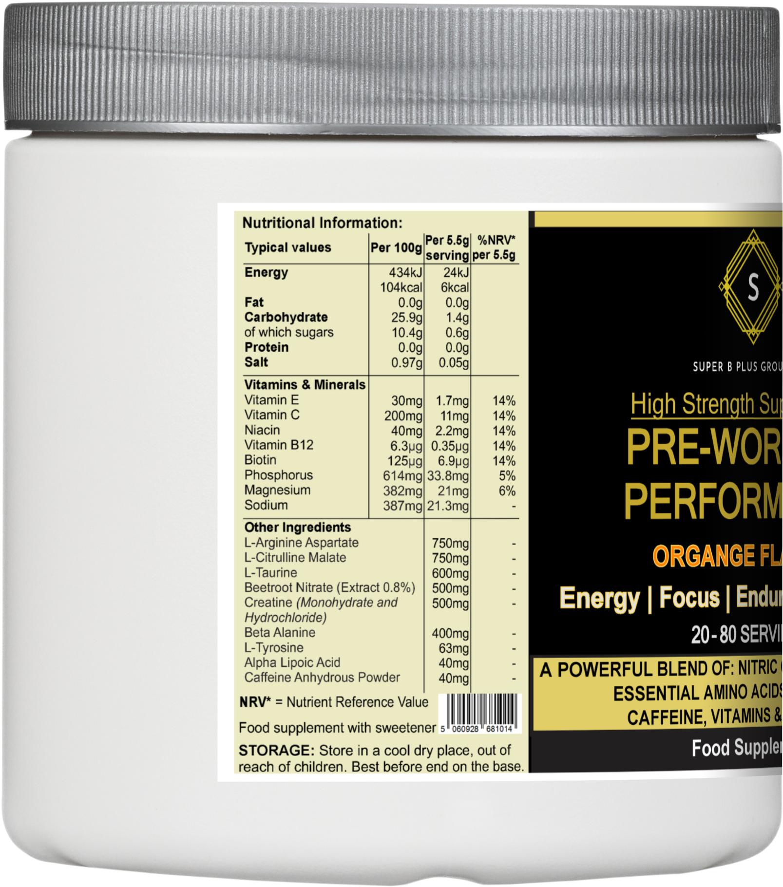 Pre-workout performance powder 440g tub in orange flavor for energy and endurance during exercise — view 2