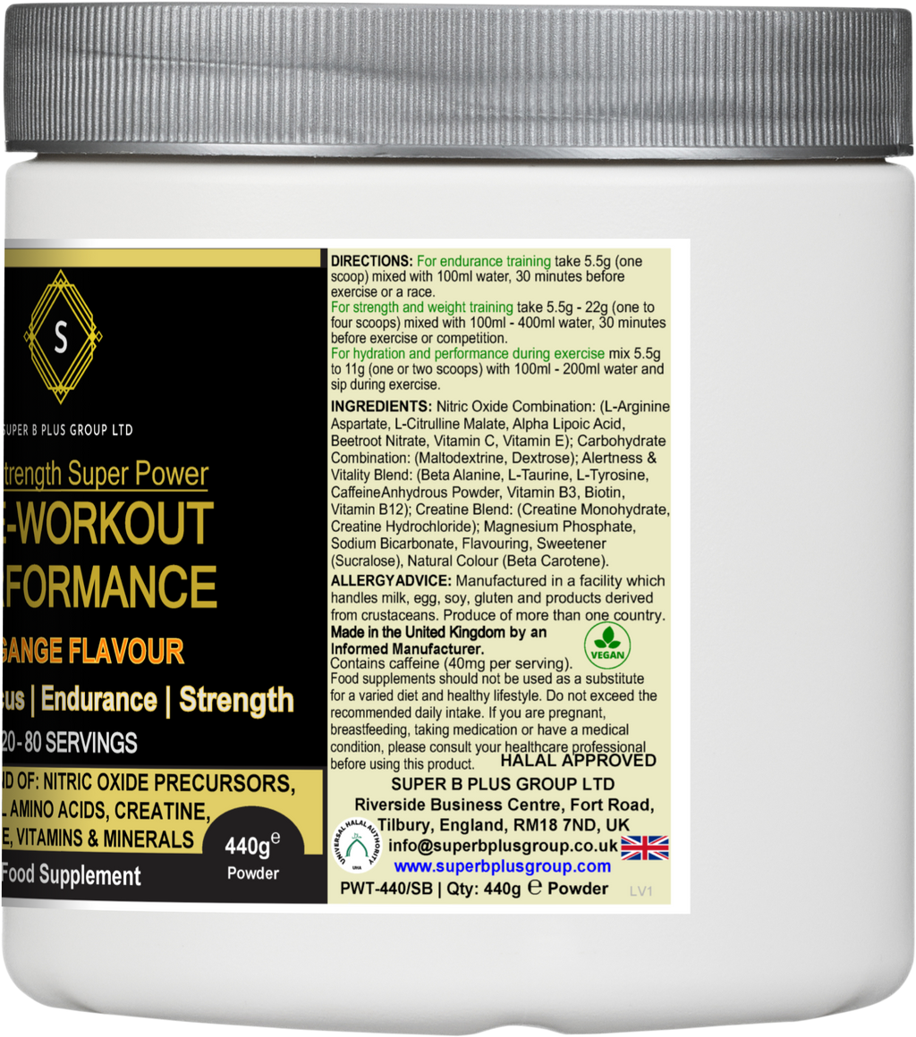 Pre-workout performance powder 440g tub in orange flavor for energy and endurance during exercise — view 3