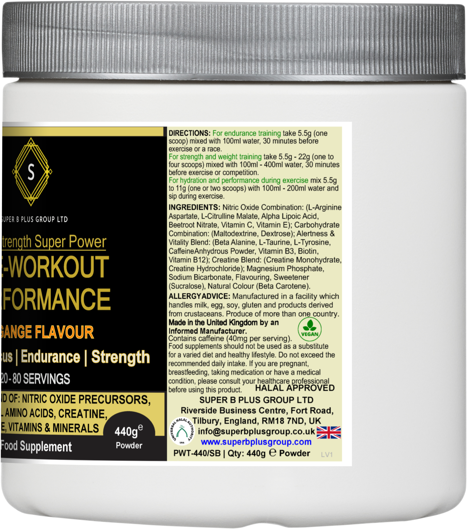 Pre-workout performance powder 440g tub in orange flavor for energy and endurance during exercise — view 3