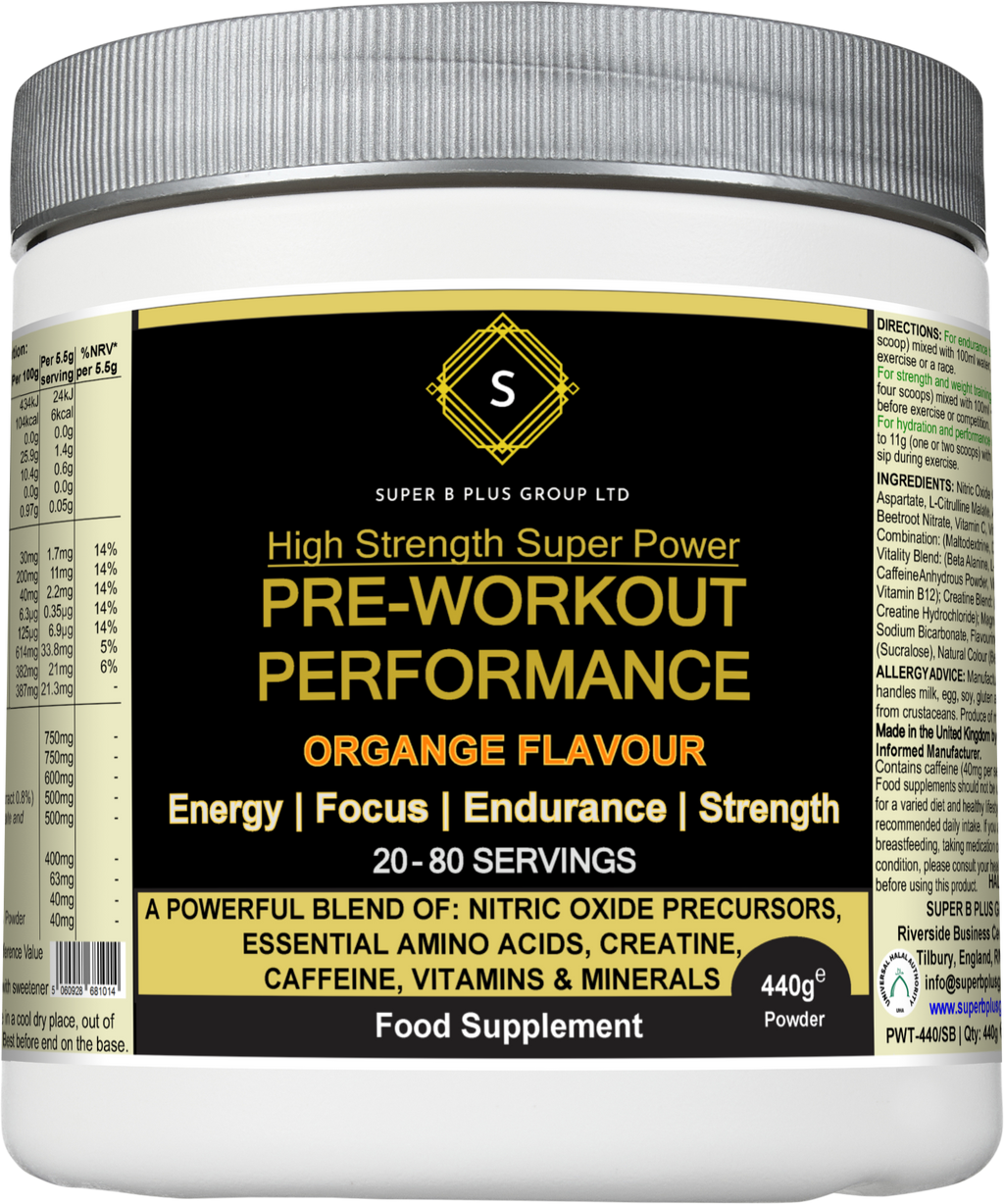 Pre-workout performance powder 440g tub in orange flavor for energy and endurance during exercise — view 4