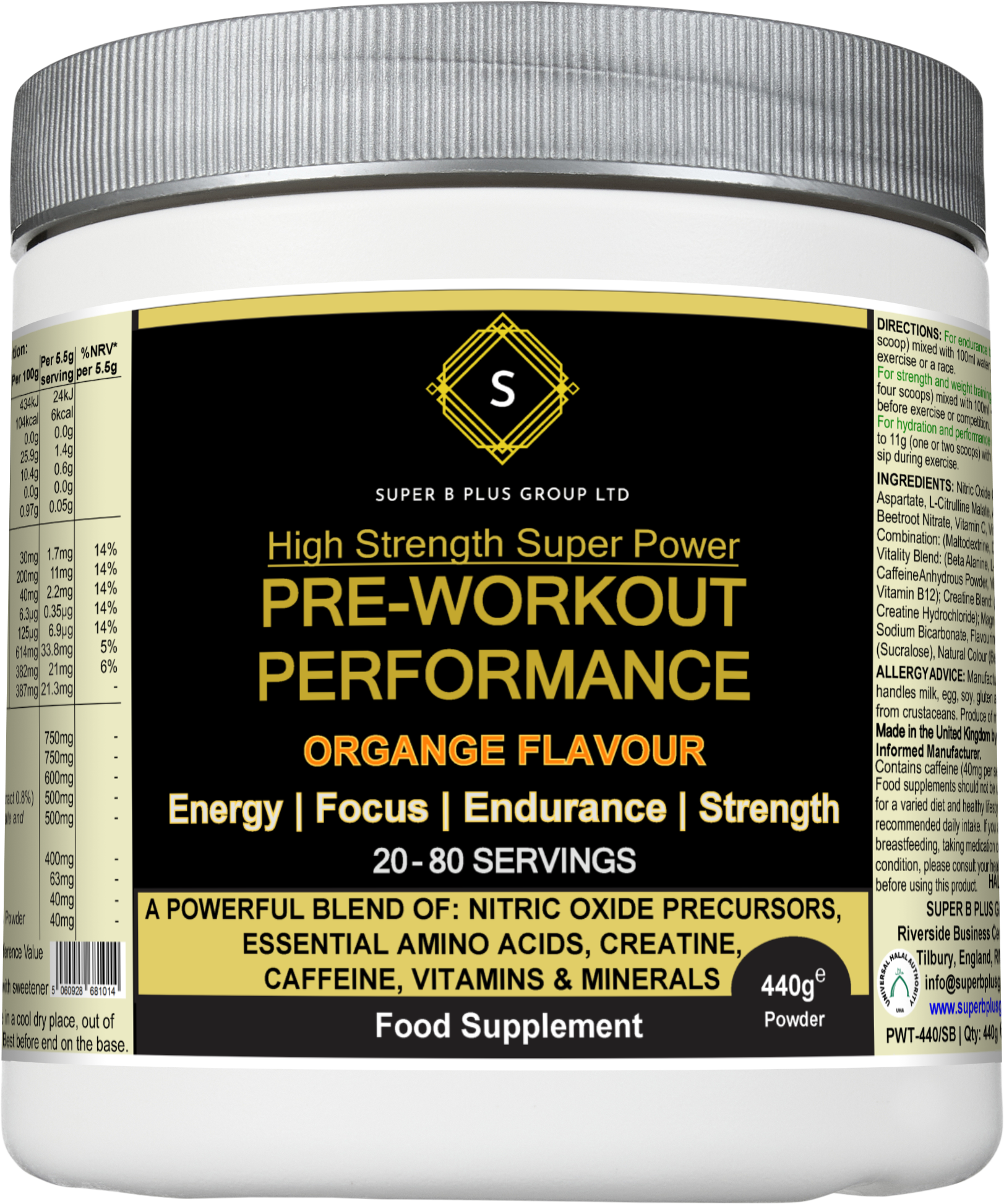 Pre-workout performance powder 440g tub in orange flavor for energy and endurance during exercise — view 4