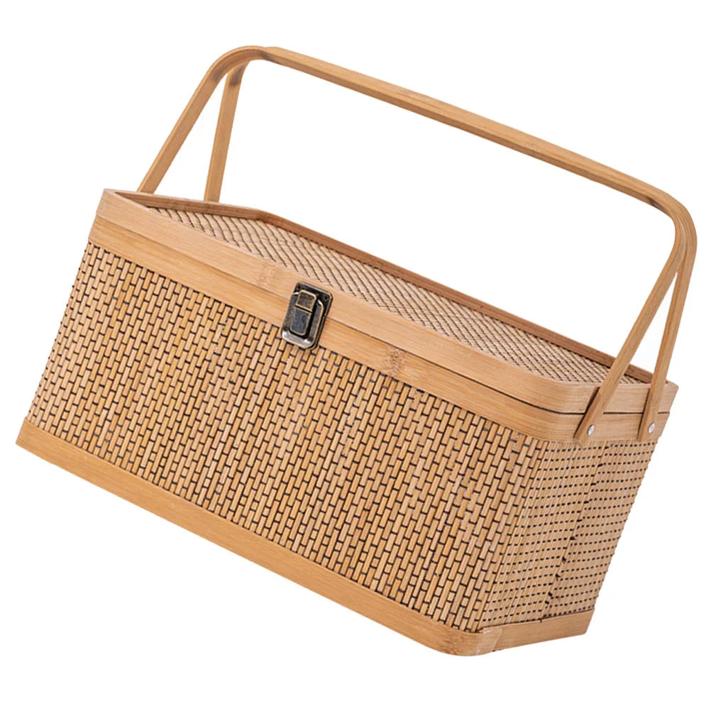 Woven bamboo picnic basket with secure locking lid, ideal for outdoor storage and elegant gifting