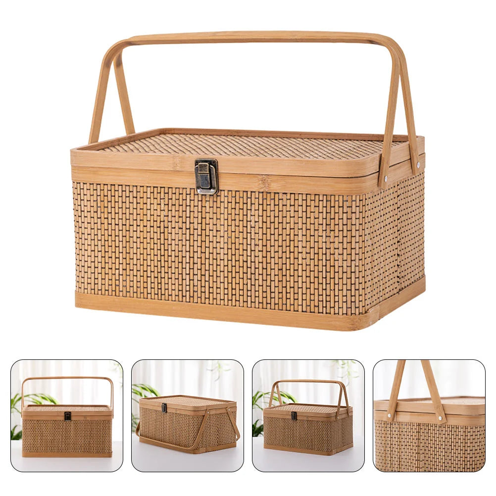 Woven bamboo picnic basket with secure locking lid, ideal for outdoor storage and elegant gifting — view 4