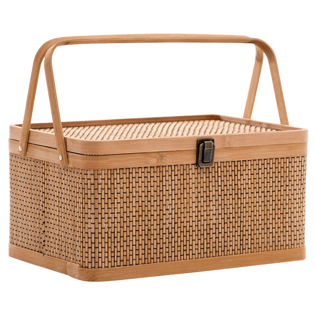 Woven bamboo picnic basket with secure locking lid, ideal for outdoor storage and elegant gifting — view 5