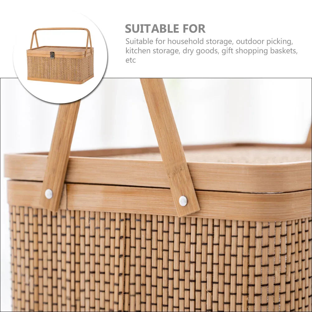 Woven bamboo picnic basket with secure locking lid, ideal for outdoor storage and elegant gifting — view 2