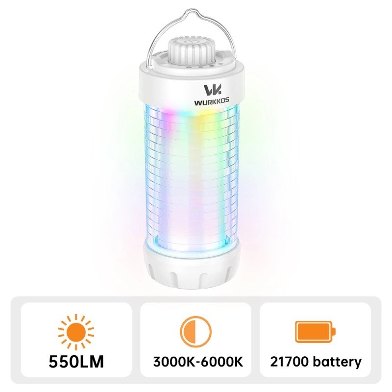 Wurkkos CL01 RGB camping lantern with adjustable light settings, power bank, and hanging hook