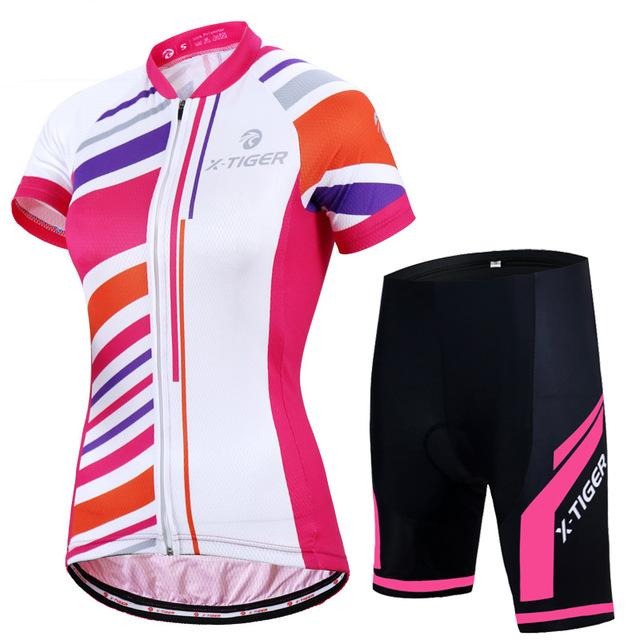 Women's short sleeve summer cycling jersey and lycra shorts set with breathable gel pad protection. — view 3