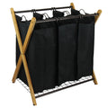 Bamboo three-bag laundry sorter with an X-frame design and black removable polyester compartments