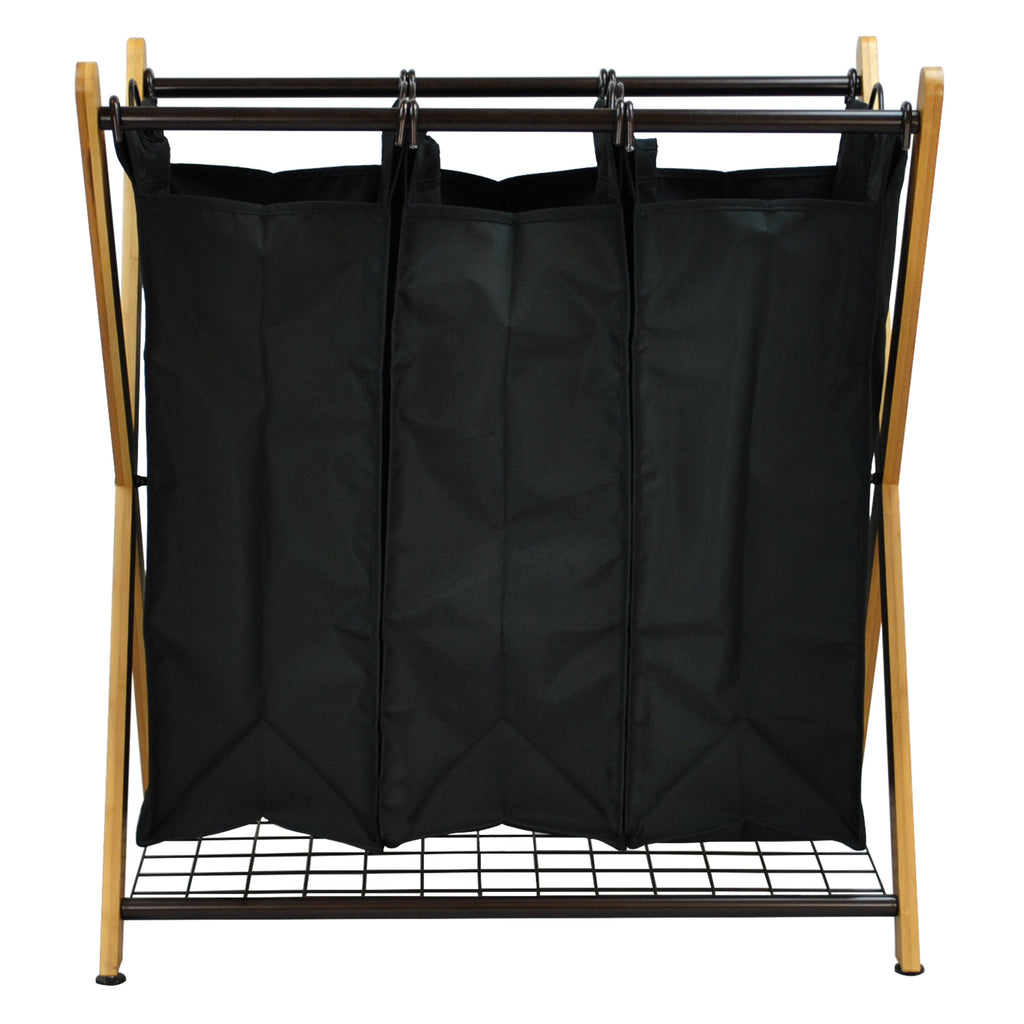 Bamboo three-bag laundry sorter with an X-frame design and black removable polyester compartments — view 2