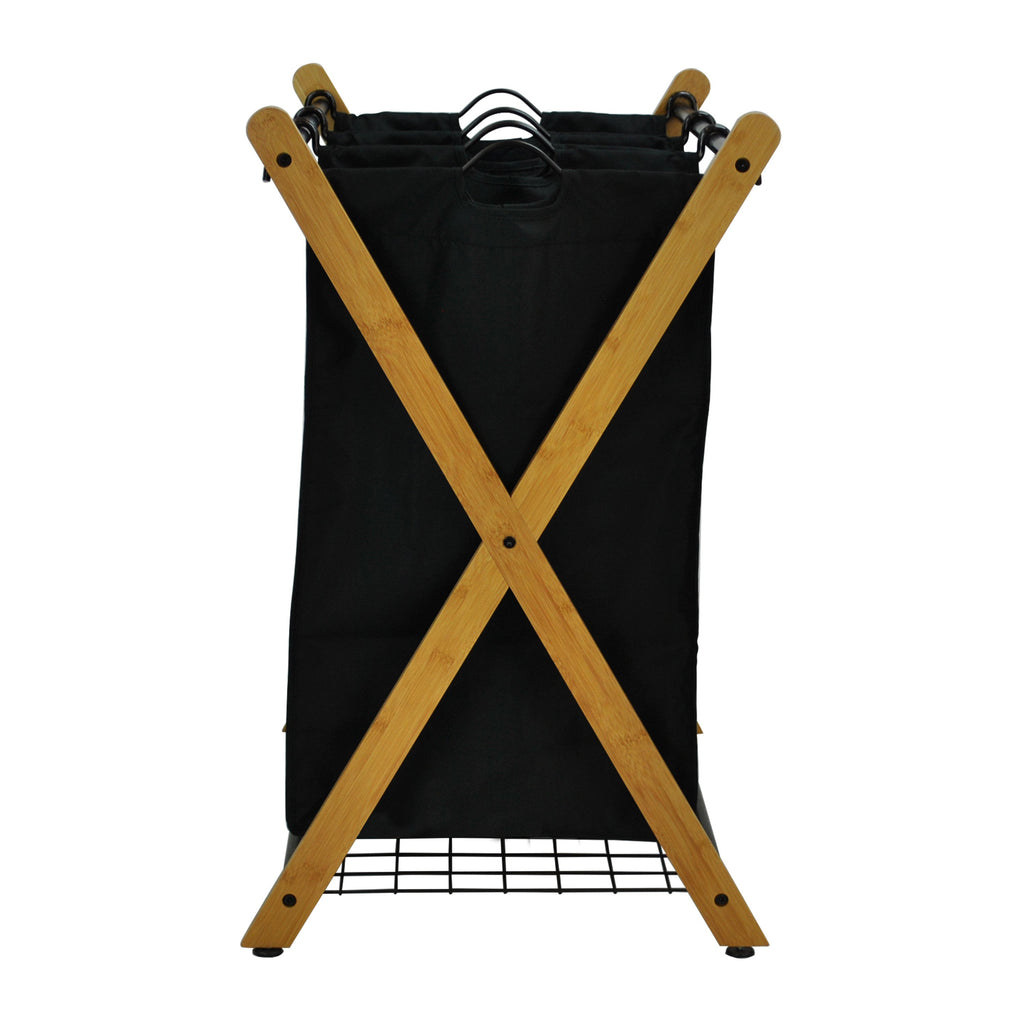 Bamboo three-bag laundry sorter with an X-frame design and black removable polyester compartments — view 3