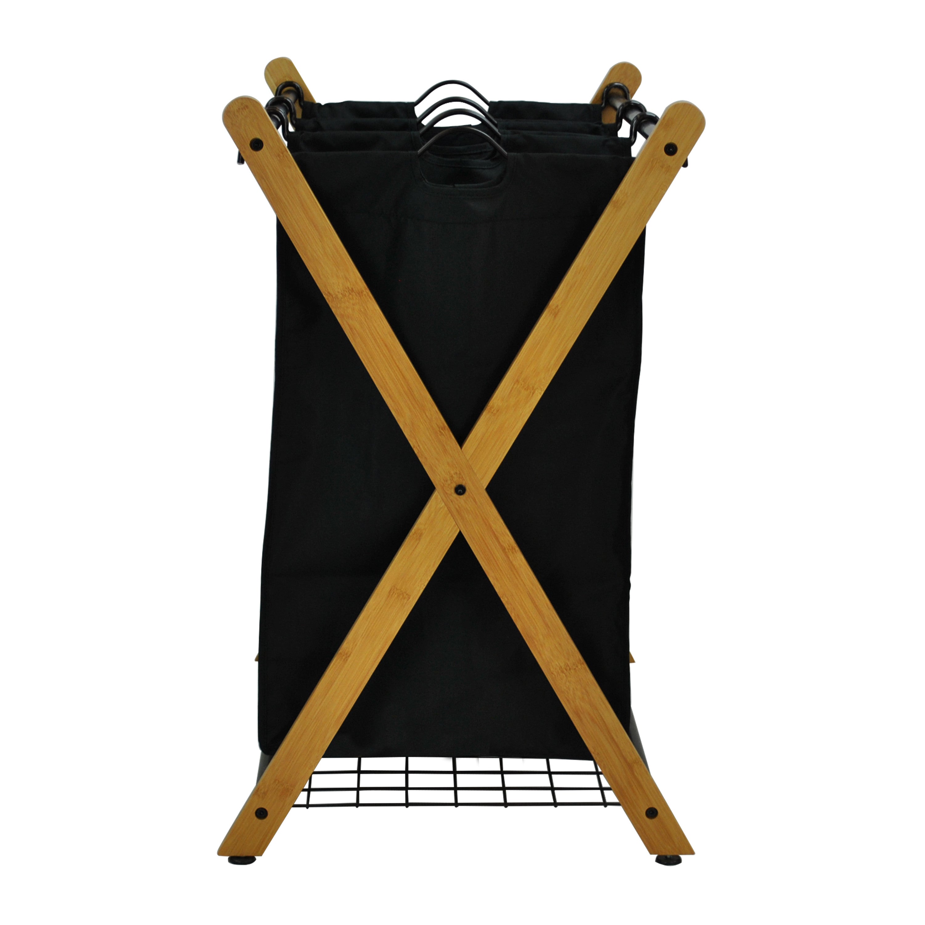 Bamboo three-bag laundry sorter with an X-frame design and black removable polyester compartments — view 3