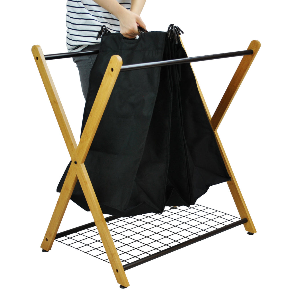 Bamboo three-bag laundry sorter with an X-frame design and black removable polyester compartments — view 10
