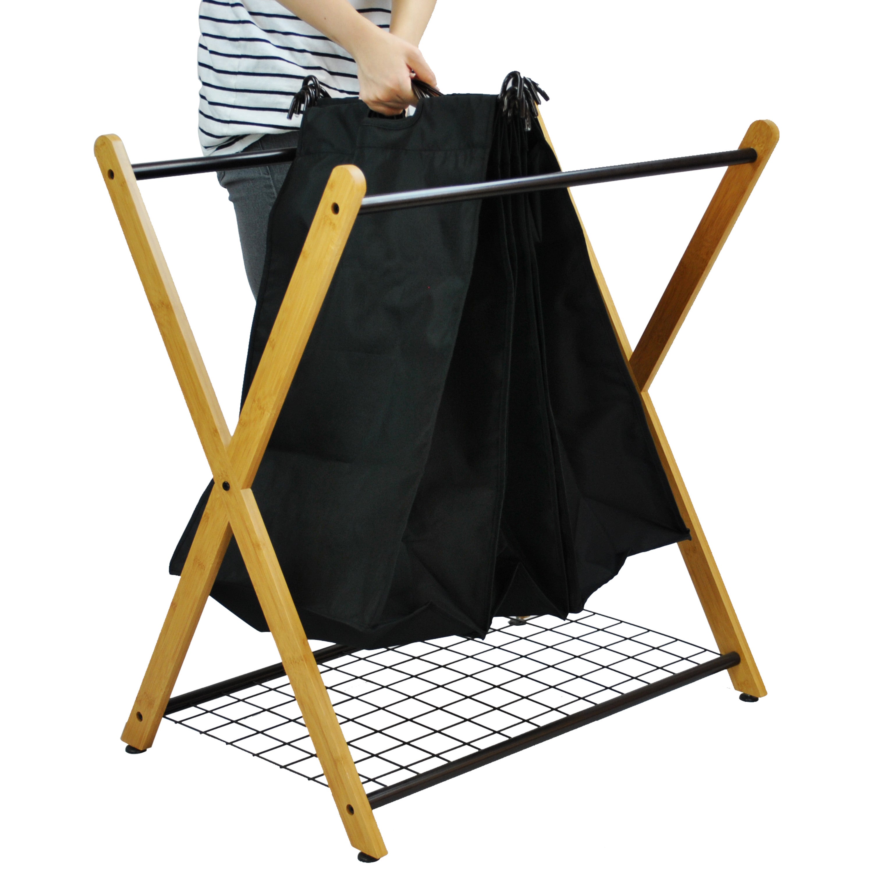 Bamboo three-bag laundry sorter with an X-frame design and black removable polyester compartments — view 10