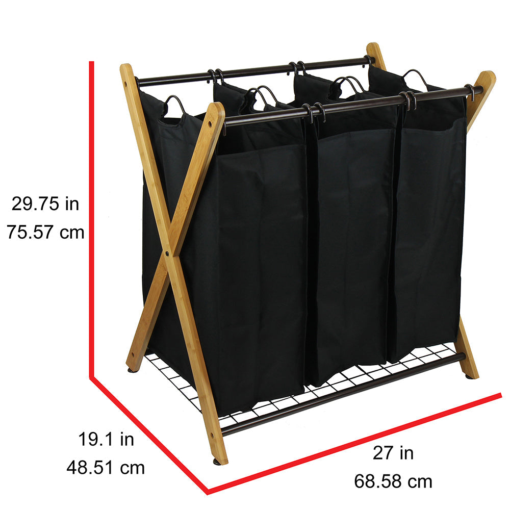 Bamboo three-bag laundry sorter with an X-frame design and black removable polyester compartments — view 12