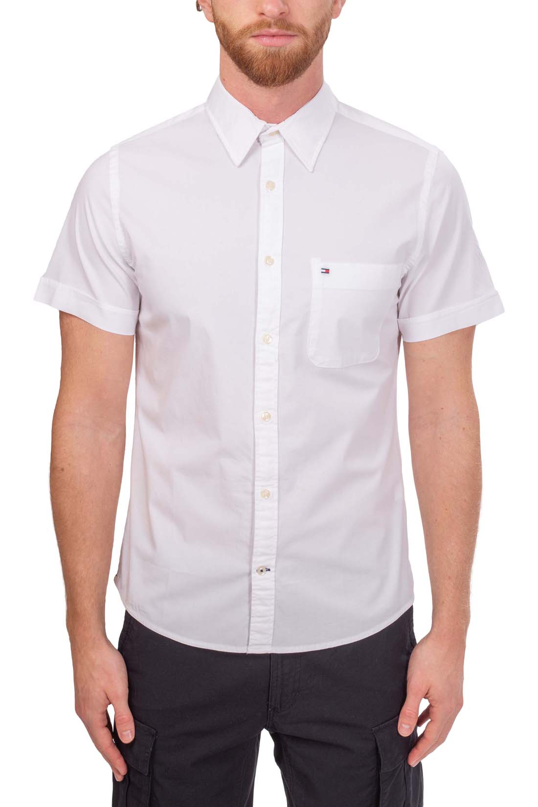 Tommy Hilfiger men's short sleeve white poplin shirt with slim fit and front pocket — view 8