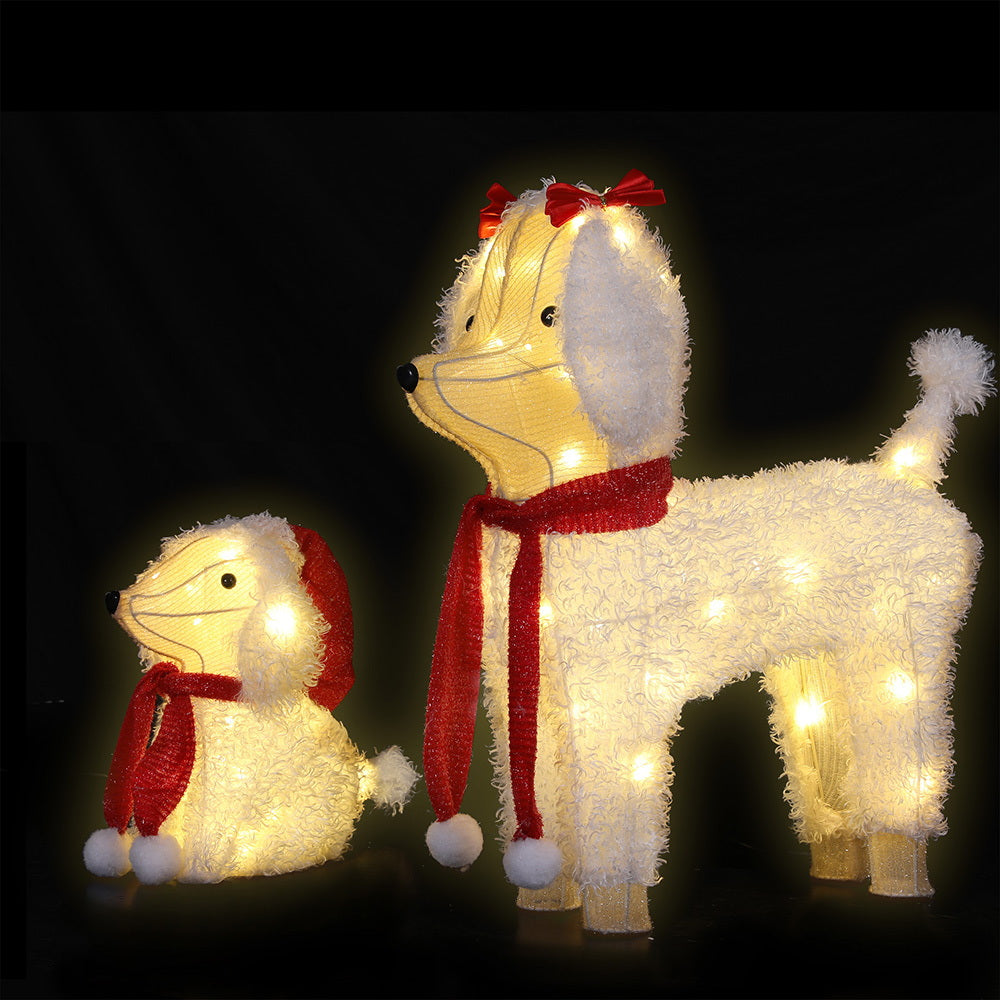 3D LED dog Christmas lights set in warm white with sturdy steel frame and fluffy design