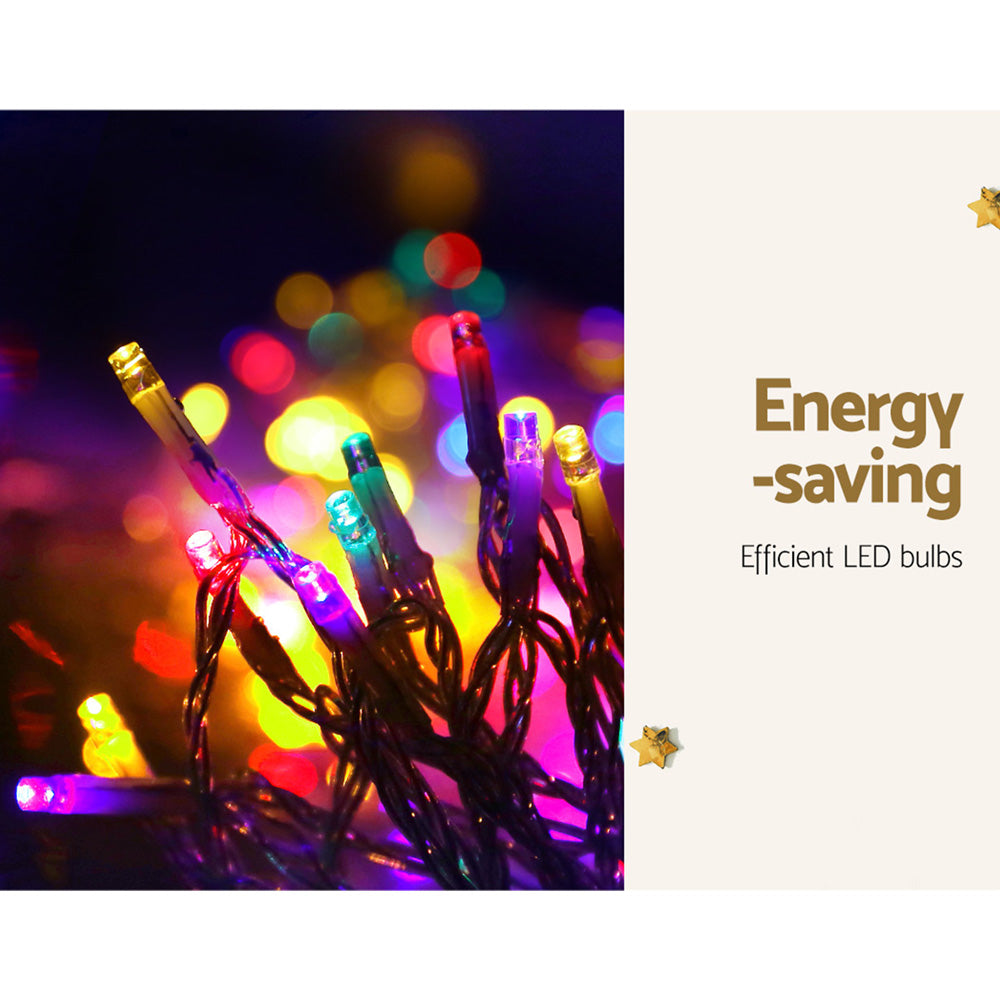Multi-coloured 320 LED solar cascading fairy lights illuminated outdoors over a garden deck setup — view 4