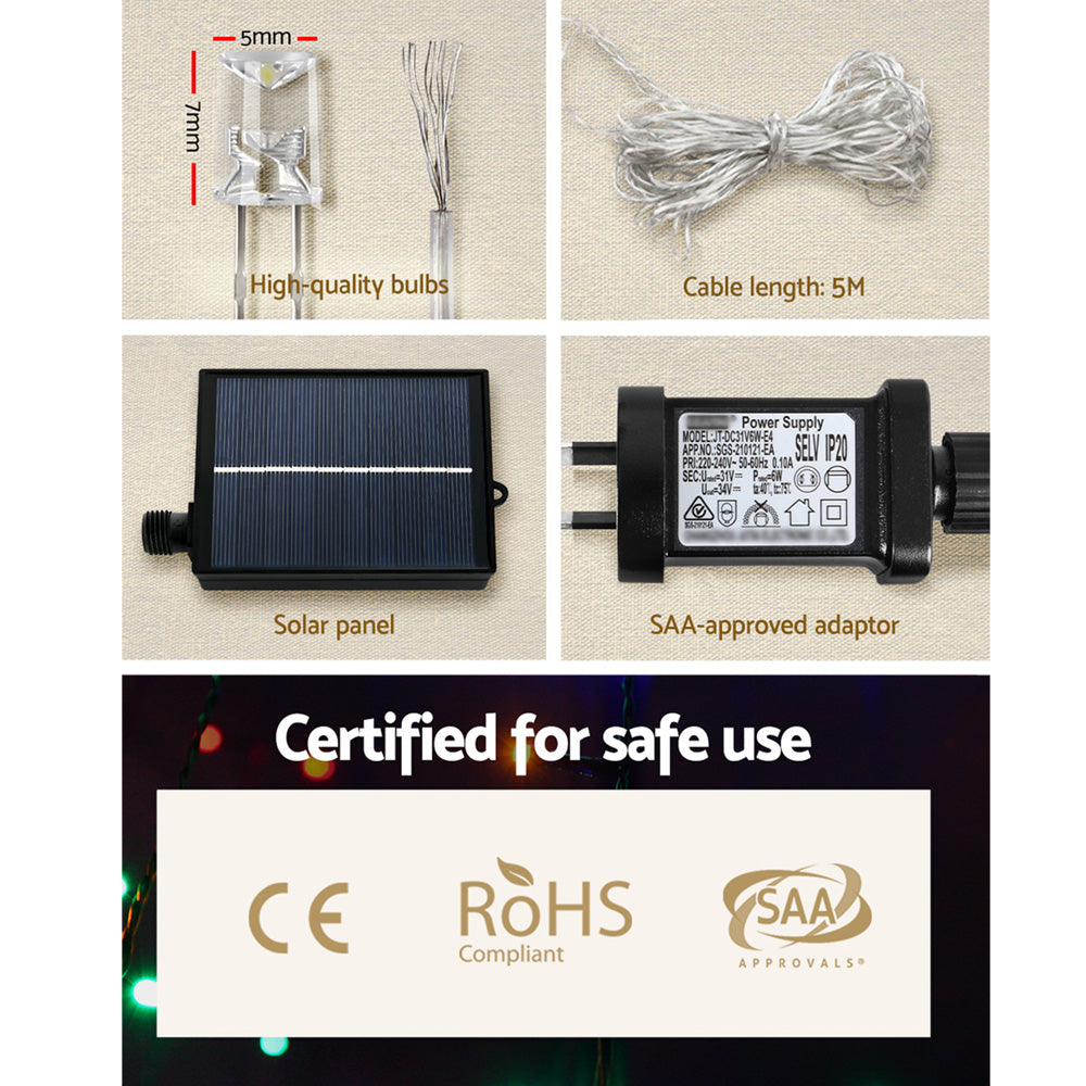 Multi-coloured 320 LED solar cascading fairy lights illuminated outdoors over a garden deck setup — view 5