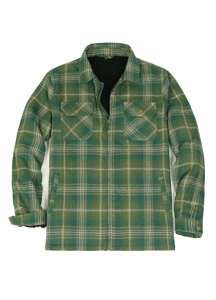 Men's sherpa lined plaid flannel shirt jacket with full zip closure and chest pockets — view 5